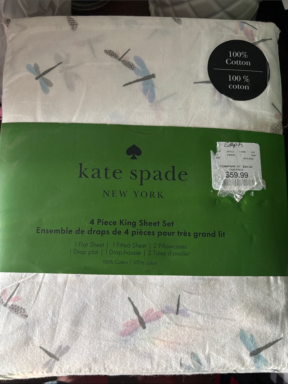 kate spade Dragonfly King Sheet Set in White with Blue and Pink Accents